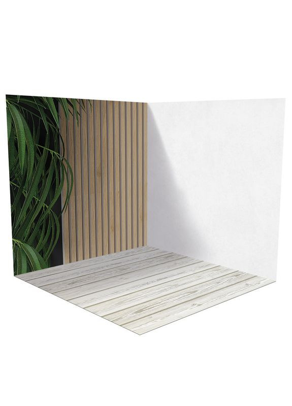 Вініловий фон 3D кутовий, рейкова стіна з зеленню, підлога біле дерево і світле дерево, 50×50 см, №58348 PhotoVinyl (354378736)