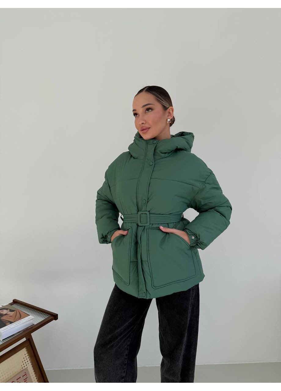 Зелена зимня 🧥 тепла зимова курточка з поясом DK/DL Мода без кордонів
