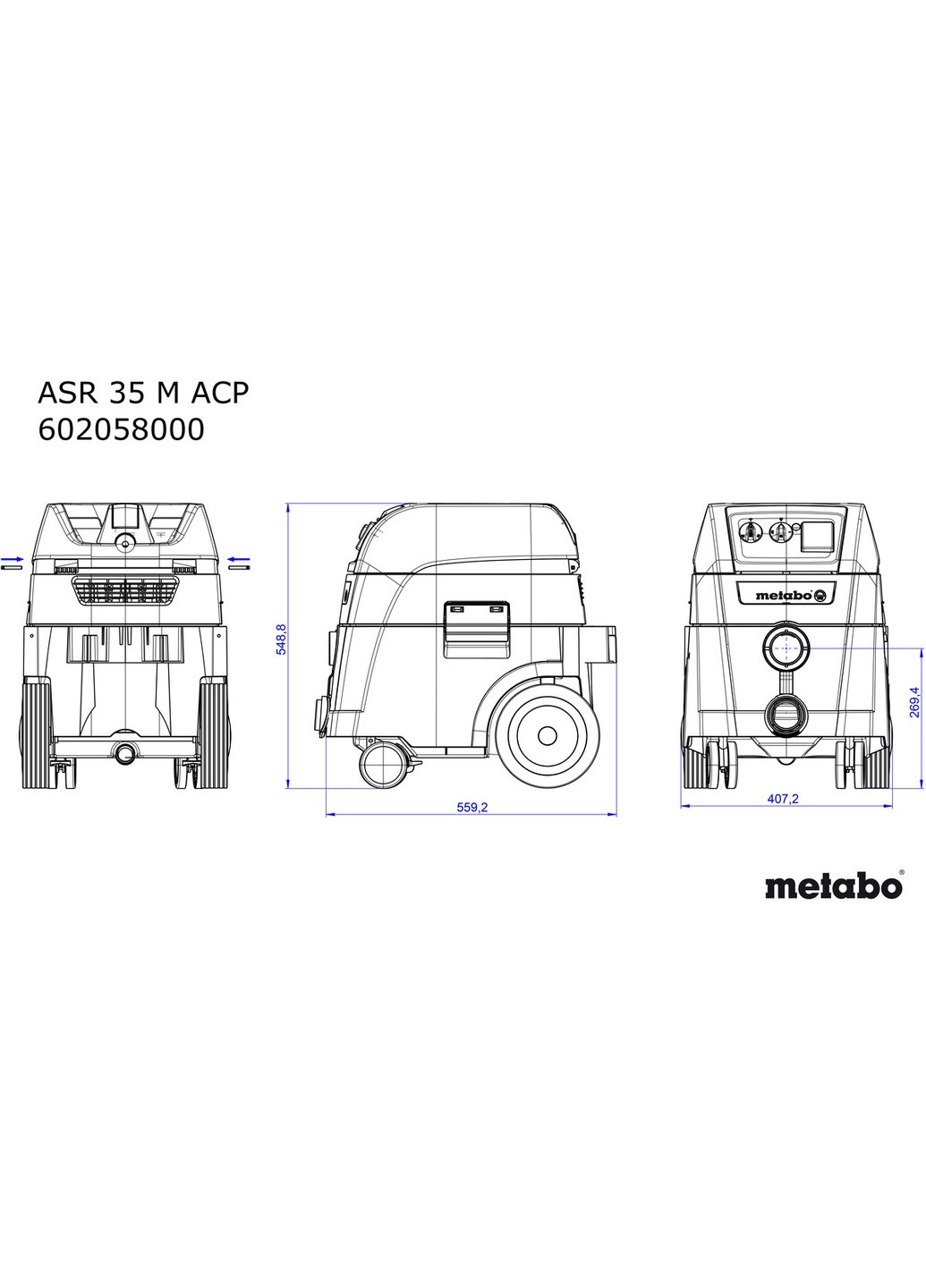 Пылесос универсальный ASR 35 M ACP, автоматическая очистка фильтра, антистатический шланг, 1400 Вт, 3660 л/мин (Картон) Metabo (262299757)