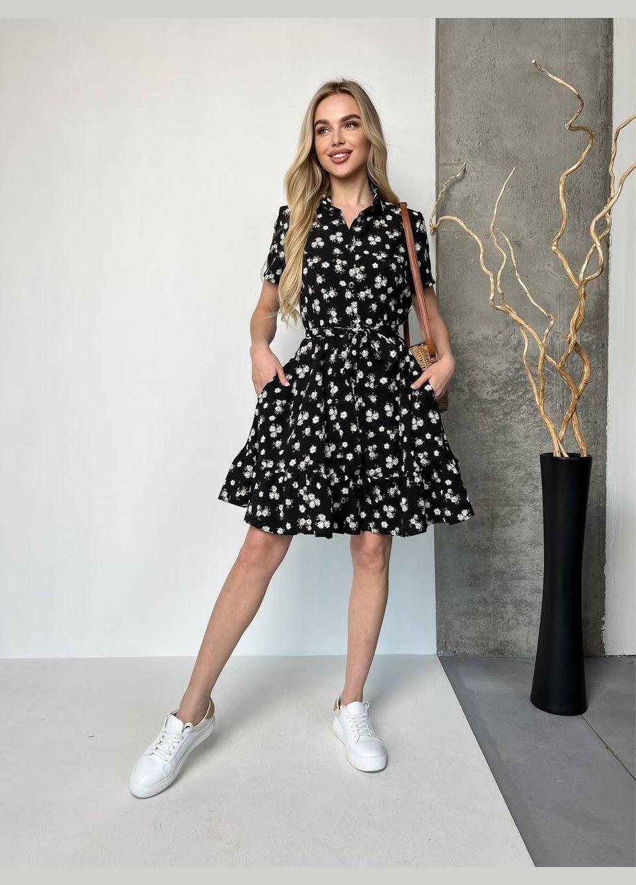 Чорна повсякденний літня сукня з візерунком та воланом MonCher з квітковим принтом