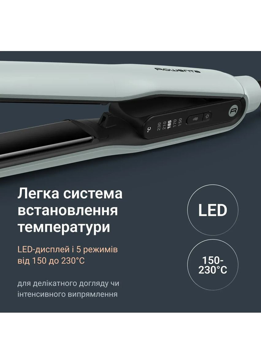 Випрямляч Thermoglide, темп.режимів-5, 150-230С, іонізація, титан, світло-зелений Rowenta (360400000)