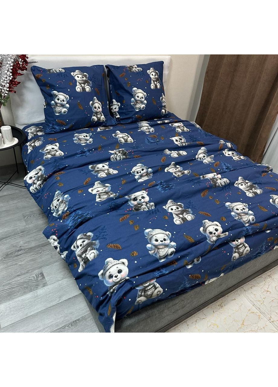 Зимнее постельное белье фланель (байка) полутораспальный размер синего цвета – мягкость, тепло и новогоднее настроение! No Brand (370278917)