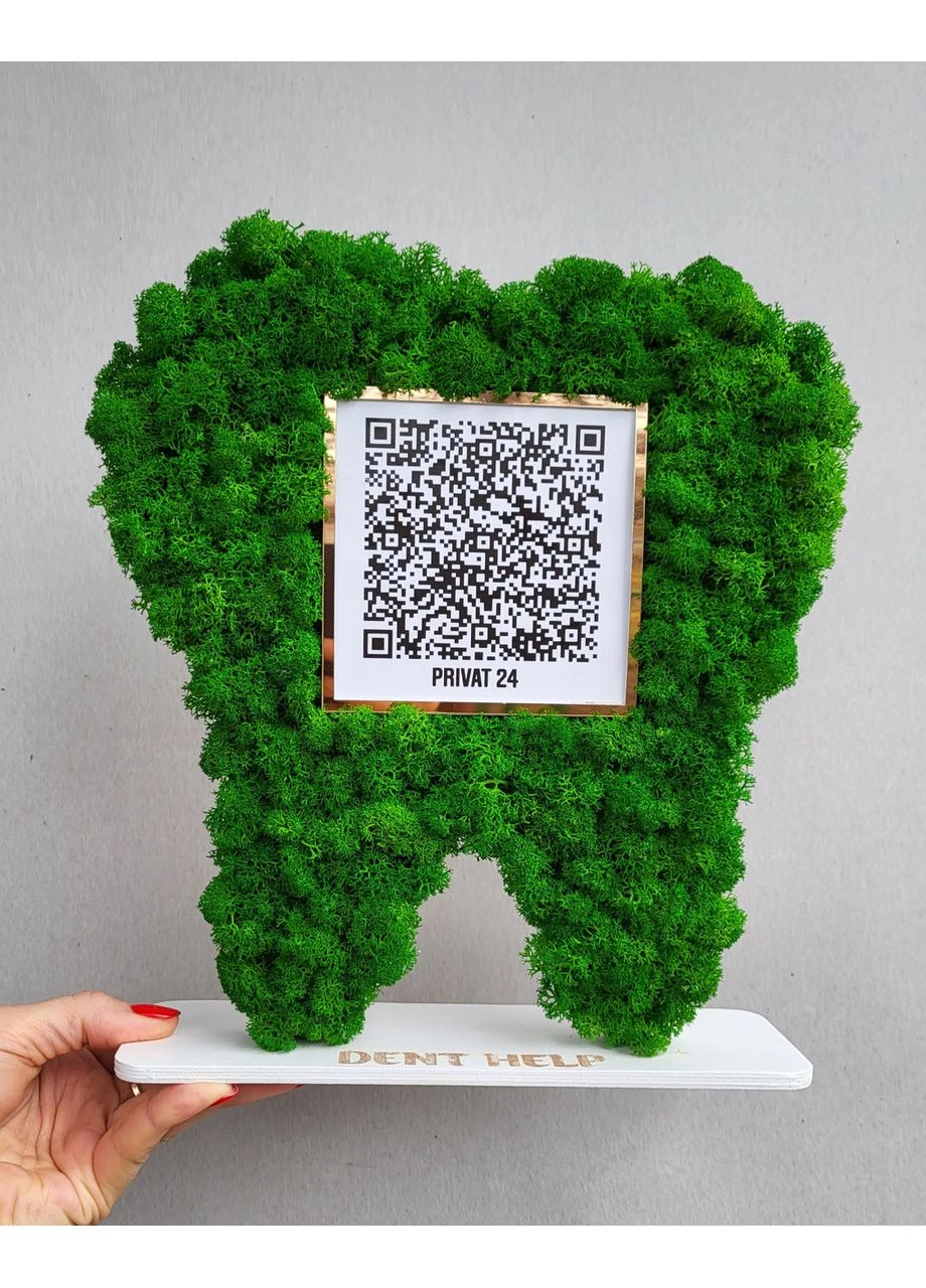 Зуб на підставці з табличкою з qr кодом приват24, інстаграм, сайту, wifi. Подарунок стоматологу No Brand (390372226)