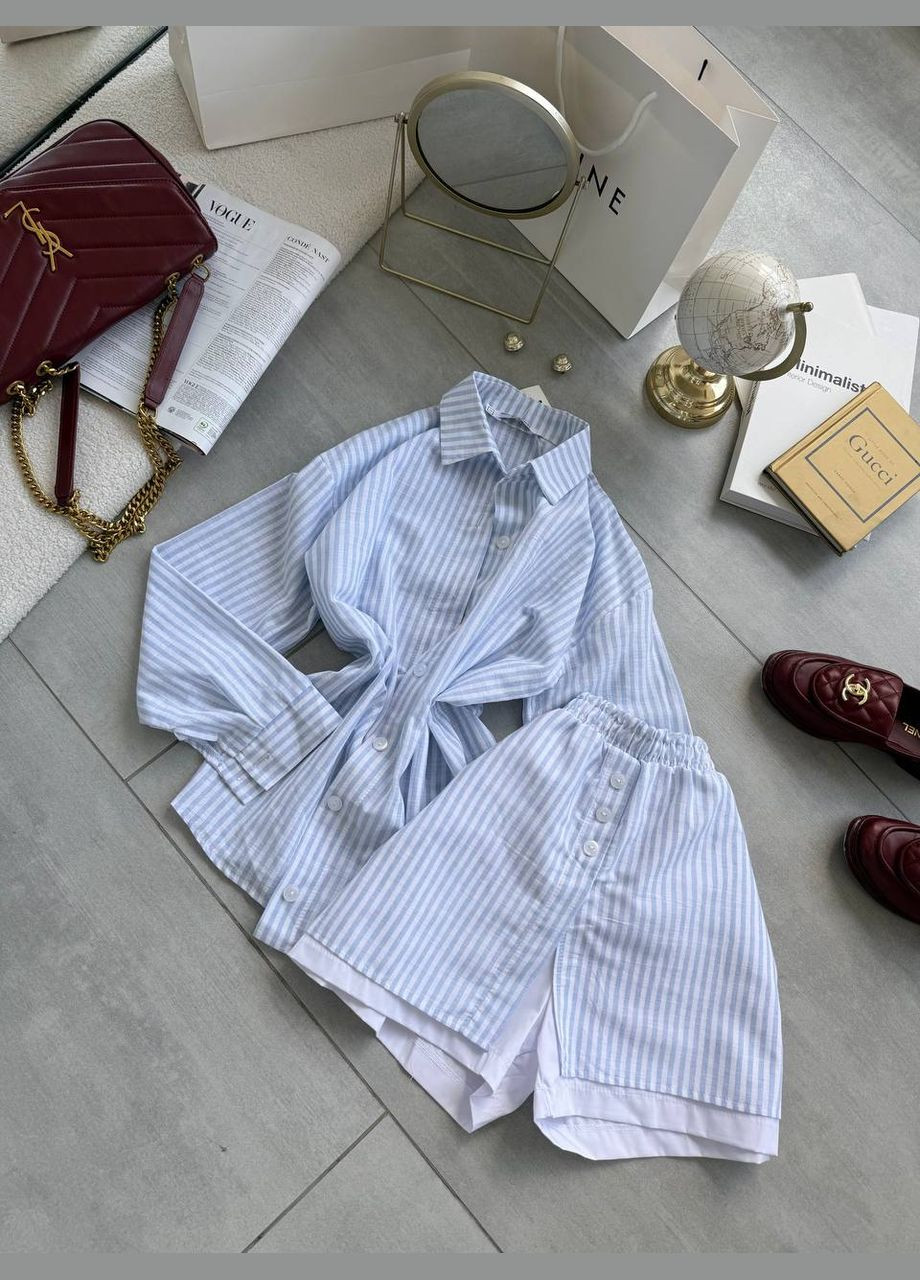 Льняний літній костюм двійка у смужку у блакитному кольорі No Brand 585-1 (338537754)