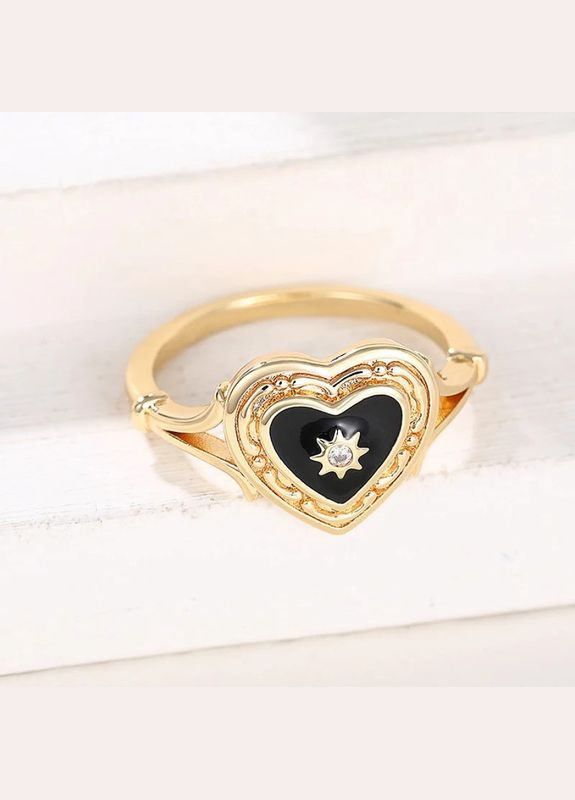 Класична каблучка жіноча чорне серце всередині сонце золотисте р 18 Fashion Jewelry (285110680)