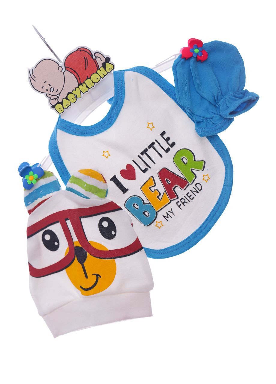 Голубой демисезонный комплект боди, ползунки, шапочка трикотажный для мальчика bear 56 см (42588) Donino