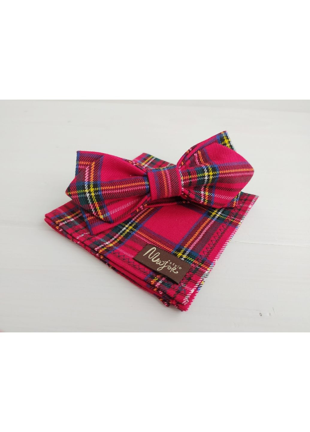 Галстук бабочка красная шотландка с нагрудним платком Major Style (366036891)