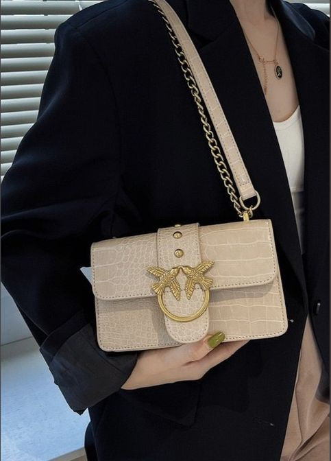 Женская классическая сумка рептилия на цепочке кросс-боди через плечо с птичками бежевая No Brand (279888216)