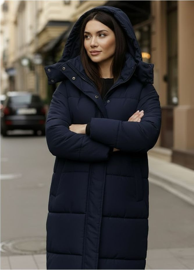 Темно-синяя зимняя длинная зимняя куртка на синтепоне со съёмным капюшоном Nositi 4264-15Х