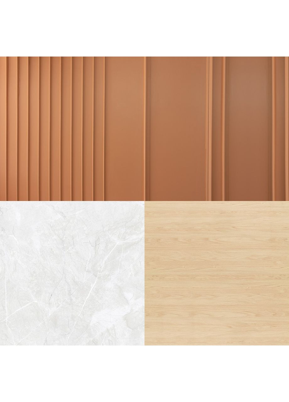 3D кутовий фотофон вініловий, теракотові рейкові панелі, підлога білий мармур і світле дерево, 50×50 см, №58274 PhotoVinyl (354368817)