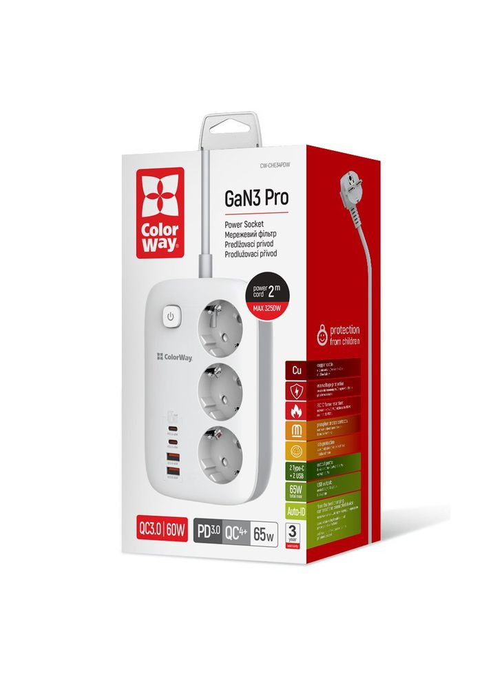 Мережевий фільтр-подовжувач СolorWay 3 розетки/4USB GaN3 Pro PD (2USB-A + 2 TYPE-C) (65W) 2M (CW-CHE34PDW) Colorway (339082873)