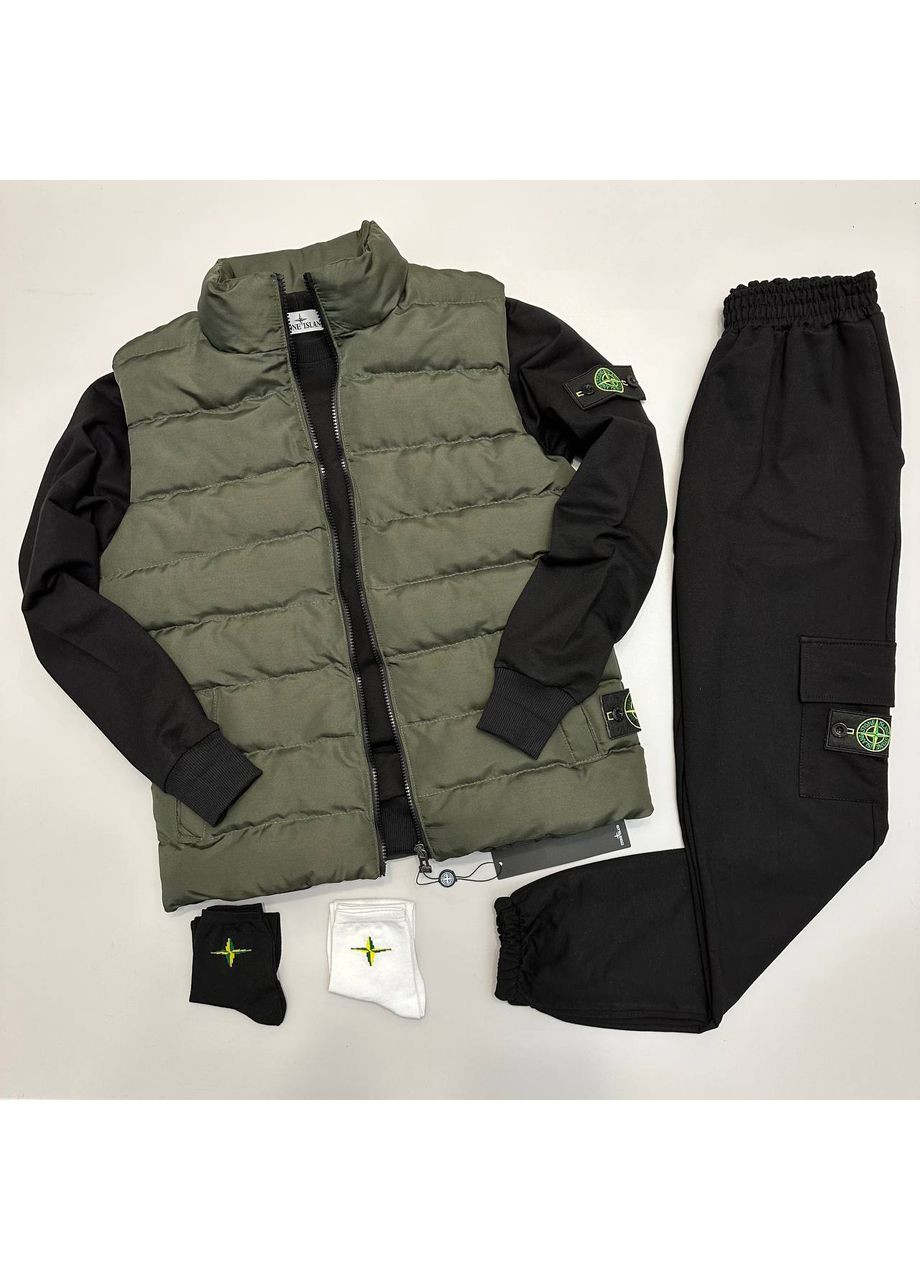 Оливковый (хаки) демисезонный набор stone island 3 в 1 жилет,штаны,свитшот и 2 пары носков в подарок,турция Україна