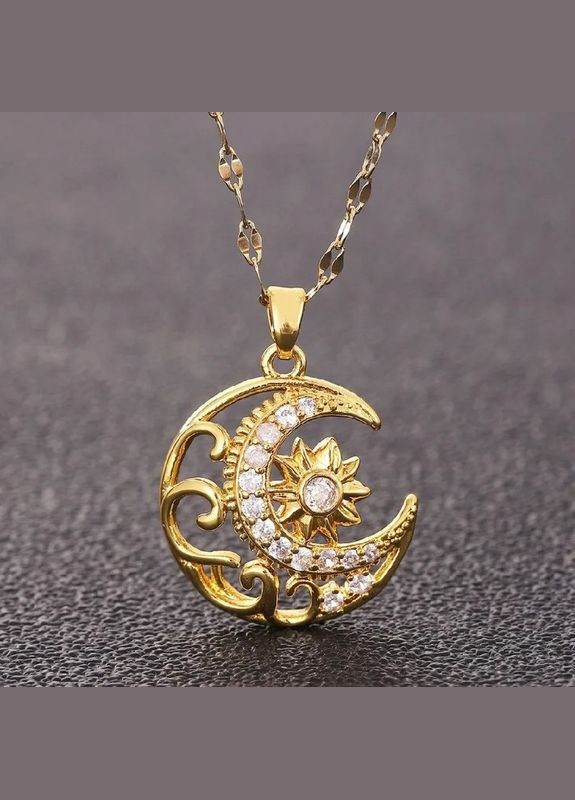 Женский кулон подвеска на цепочке Луна с звездой и белыми камнями фианитами с узорами золотистый Liresmina Jewelry (291840960)