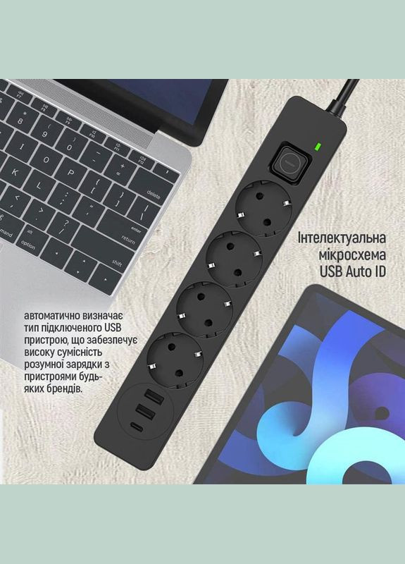 Фильтр питания CW-CHE432PDB 4 розетки, 3USB (2USB-A+1 TYPE-C) (24W), 2м, Black Colorway (336958714)