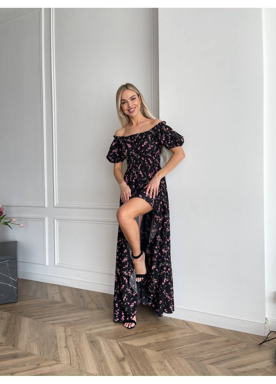 Чорна святковий, повсякденний, вечірня, пляжна, кежуал жіноча довга сукня з відкритими плечима Vakko з квітковим принтом