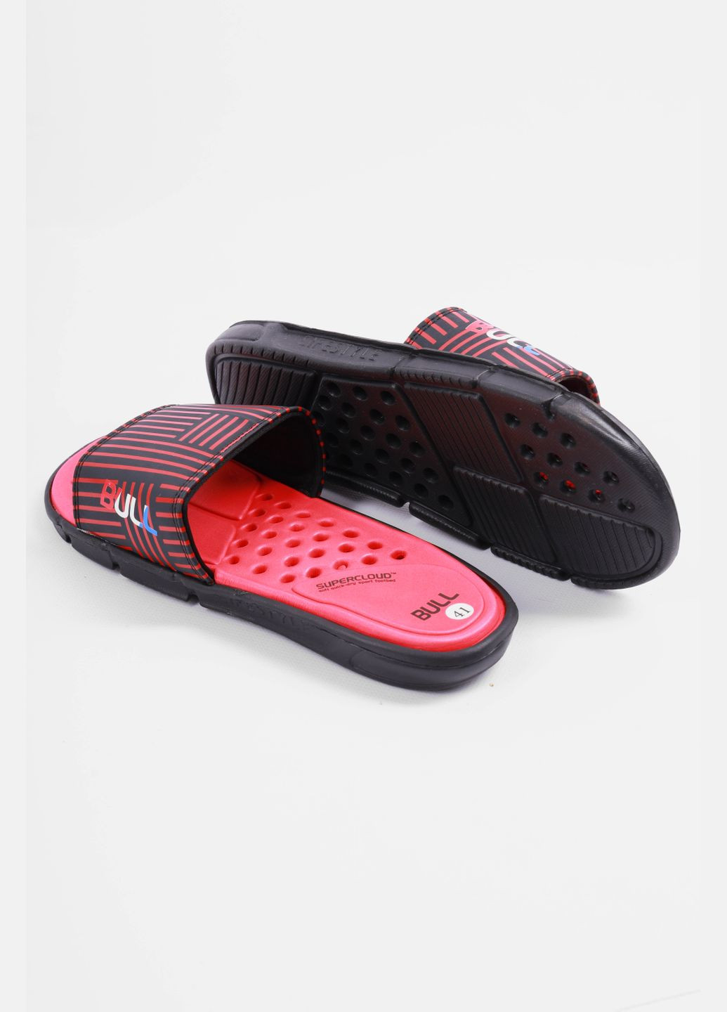 Черно-белые пляжные шлепки мужские черно-красного цвета с геометрическим узором Let's Shop