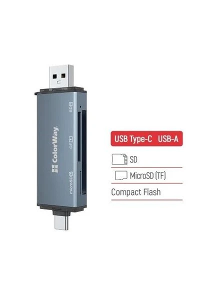 Кардридер USB "3-in-1", Grey, USB / Type-C 3.0 - microSD / SD / CF, алюмінієвий корпус (CW-CR-01) 000-CW-CR-01 Colorway (395348390)