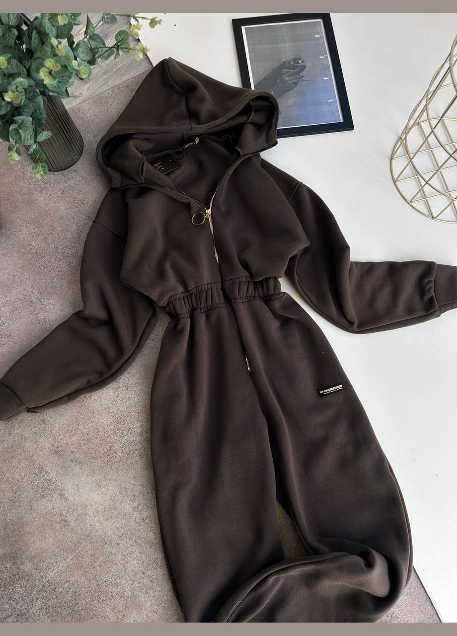 Комбинезон женский No Brand комбинезон-брюки однотонный коричневый спортивный, повседневный, кэжуал, денил трехнитка с начесом