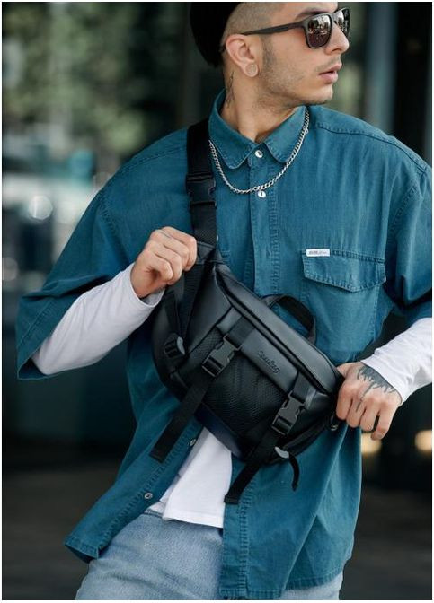 Спортивная сумка мужская на пояс через плечо из экокожи большая Черный 35284 Sambag (352165872)