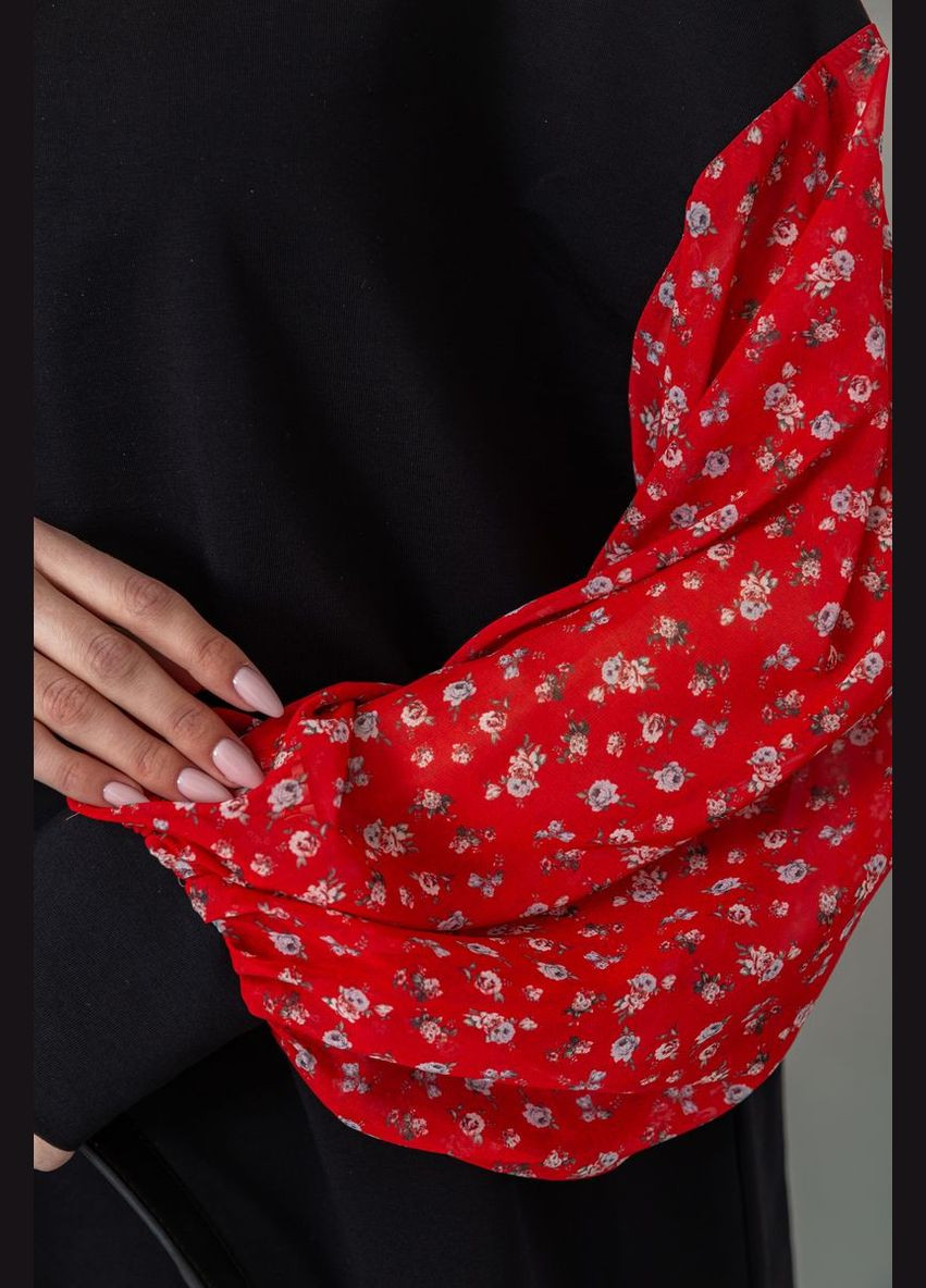 Чорна демісезонна блуза з шифоновими рукавами, колір червоний, Kamomile