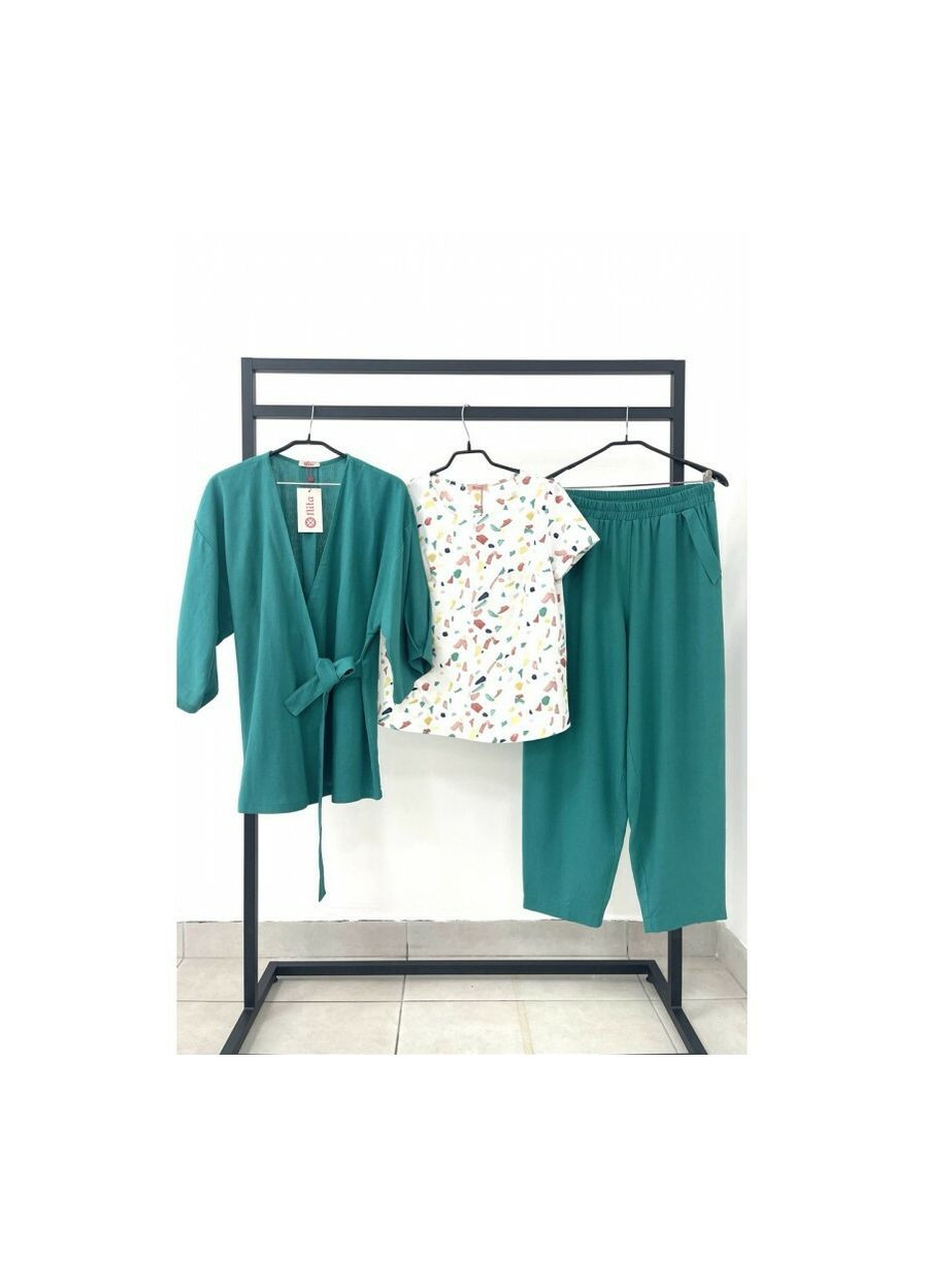 Комбинированная кимоно изумрудное льняное женское mkln1701-2, Modna KAZKA