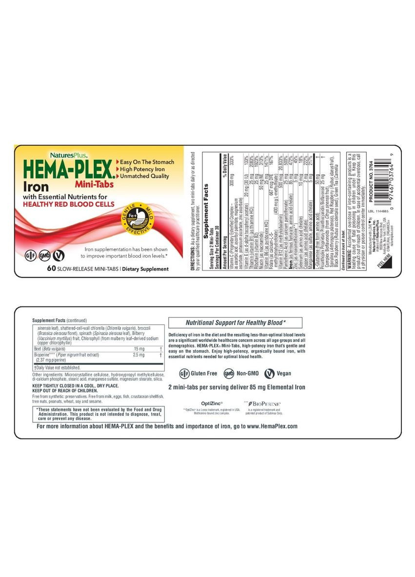 Железо с питательными веществами, Hema-Plex, Iron with Essential Nutrients,, 60 мини-таблеток Natures Plus (327878628)