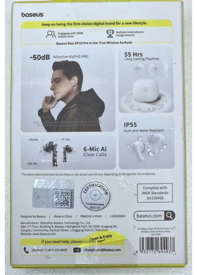 Беспроводные наушники EP10 Pro ANC TWS Bluetooth 6.0 с активным шумоподавлением Baseus (383373521)