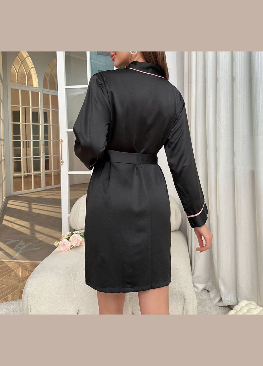 Халат до коліна жіночий домашній гладкий атласний з контрастним кантом колір чорний No Brand Халат домашній Діана (322074237)