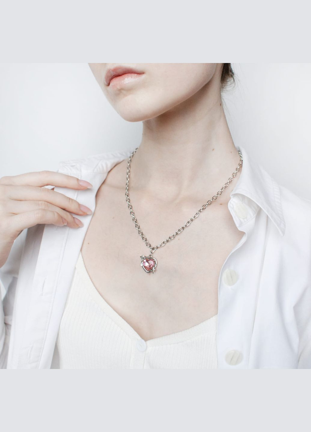 Ланцюжок феї сріблястий 2.0 в стилі фентезі fairycore з рожевим серцем і асиметричними зірочками кольє казкове крупний ланцюг No Brand (307288332)