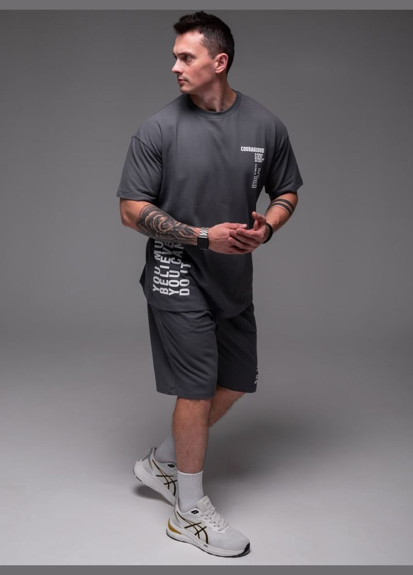 Серый демисезонный мужской oversize костюм oversize прочная дышащая ткань хлопок 100% ( лакоста ) No Brand