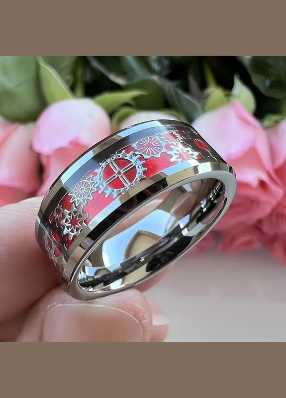 Мужское кольцо из нержавеющей стали с изображением ретроузоров шестеренки цвет серебристый красный размер 19 Fashion Jewelry (308022558)