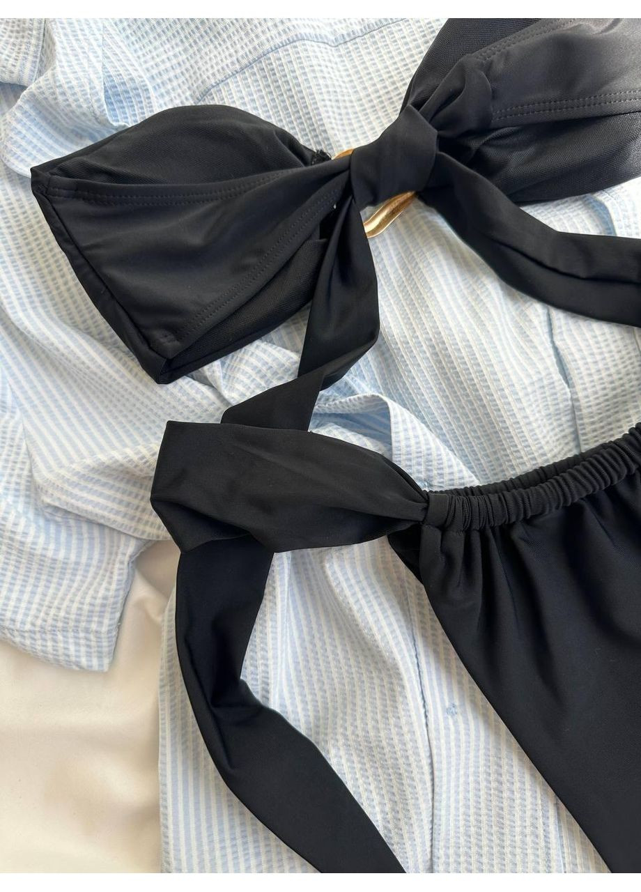 Чорний літній жіночий купальник роздільний з металевими кільцями / жіночий купальник чорний бандо з декоративними елементами / жіночий ст No Brand