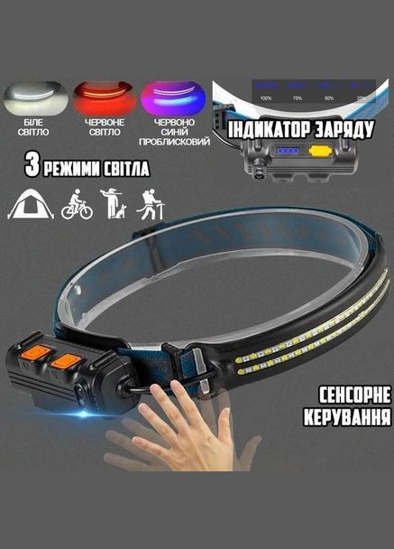 Ліхтар налобний акумуляторний BL-W691-2COB (white/red/RGB) з датчиком руху, потужний ліхтар налобний Bailong (364665027)