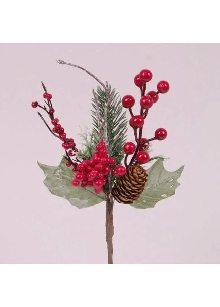 Гілочка новорічна з шишкою та червоними ягідками 75949 Flora (370163136)