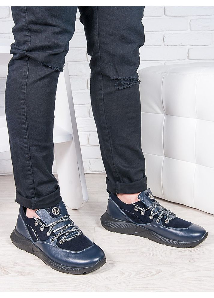 Синие демисезонные мужские кроссовки из натуральной кожи + замша синего цвета 35561 No Brand