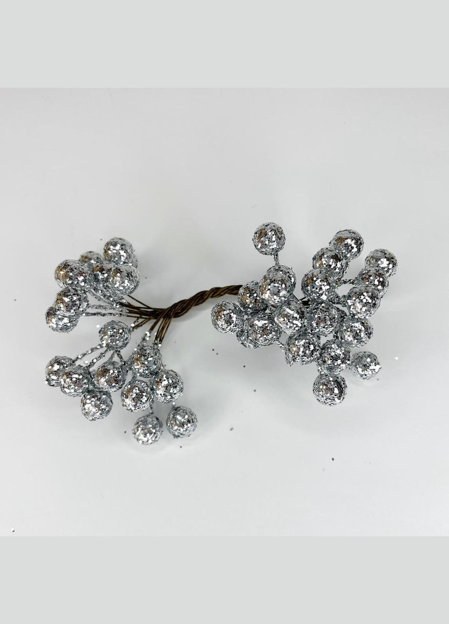 Декор новорічний Набір декоративних ягід глітерні Сріблясті 40 шт ягід 12 мм Finding (338434417)