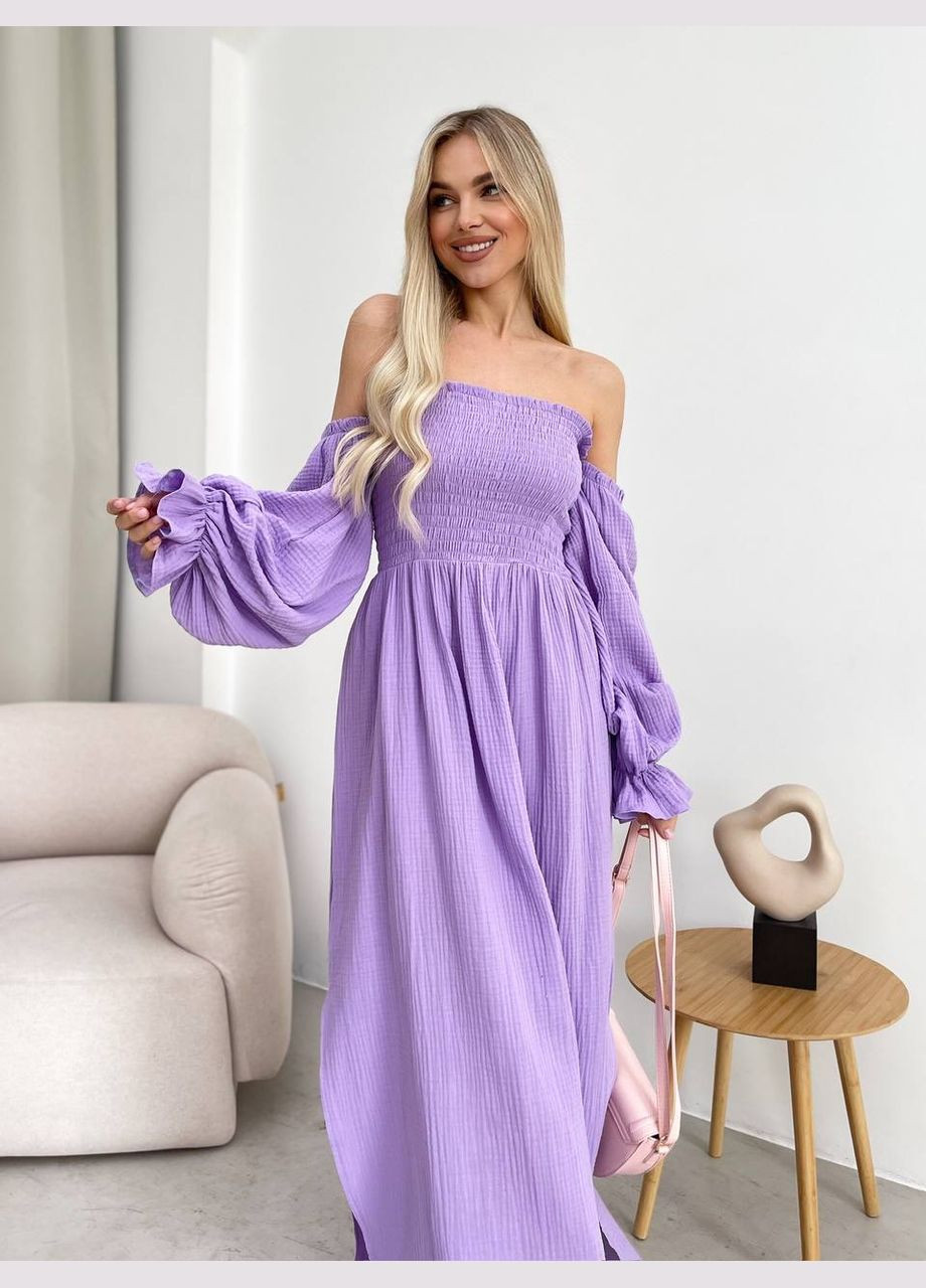 Сиреневое повседневный, вечернее женское платье макси с разрезом с открытыми плечами Україна однотонное