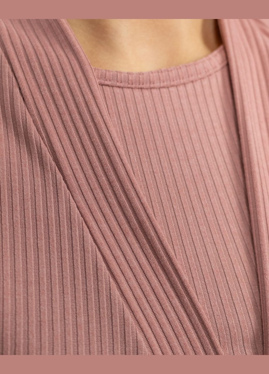 Пудрова всесезон піжамний жіночий комплект трійка в рубчик, халат, футболка з шортами пудровий Maybel