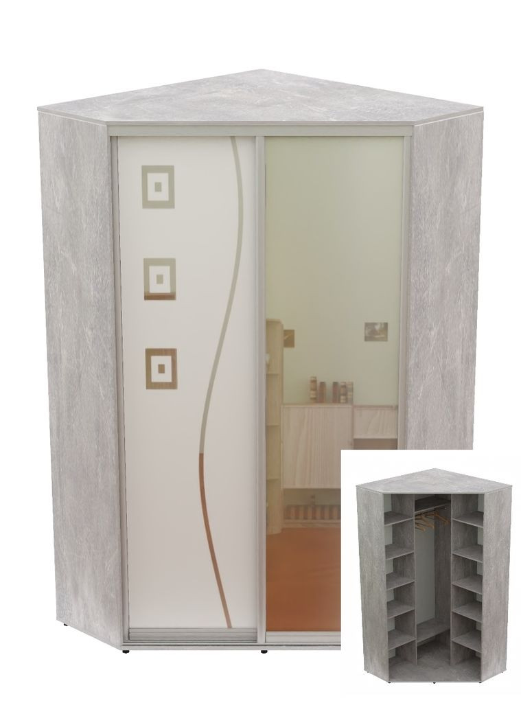 Шкаф-купе двухдверный угловой 120*120*240 Индастриал Зеркало/Зеркало с пескоструйным рисунком Угол-2 Алекса (360430191)