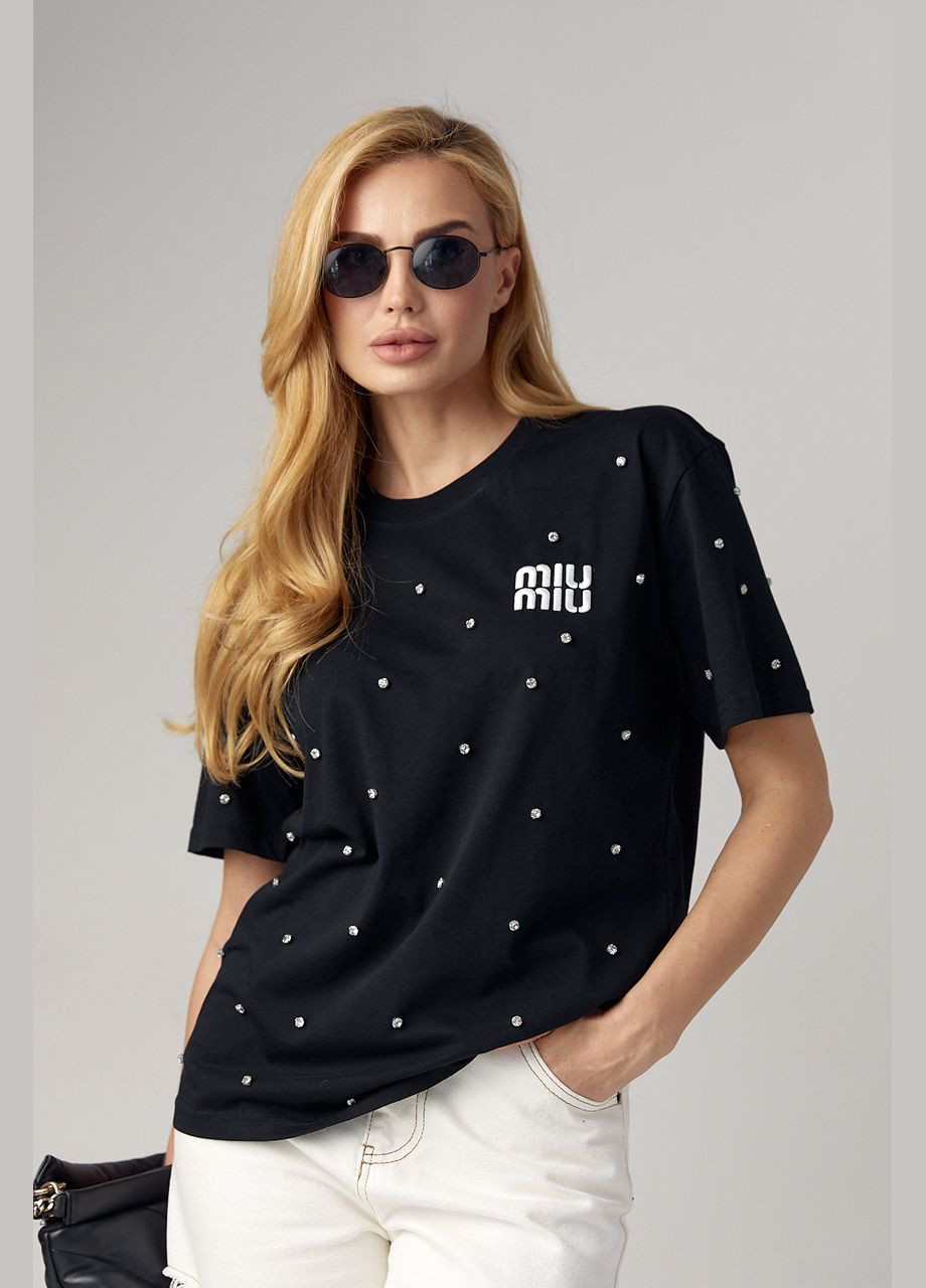 Жіноча футболка зі стразами та вишитим написом Miu Miu Lurex - (292785697)