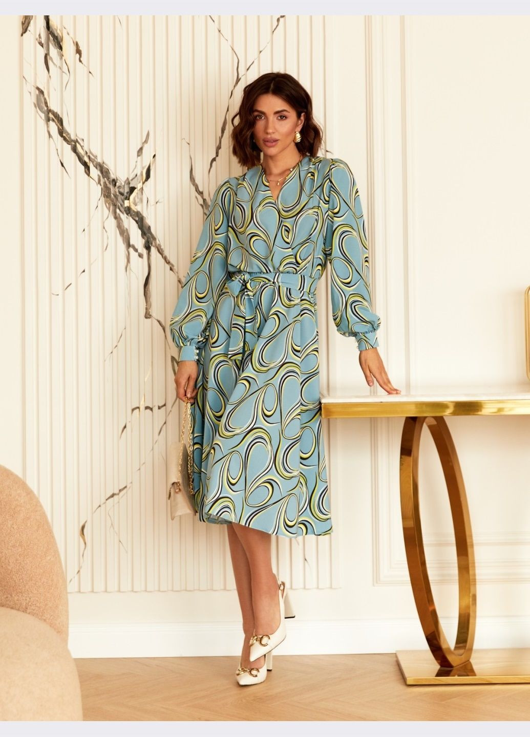 Бірюзова бірюзова сукня-кльош з принтом та поясом Dressa