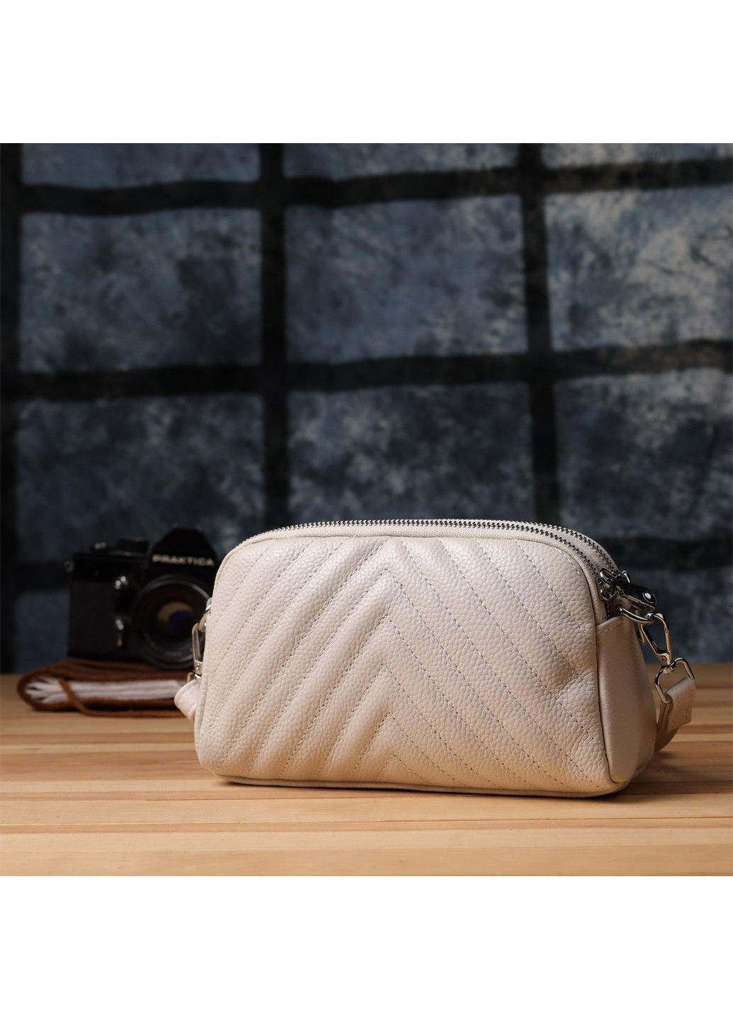 Модна сумка прошита трикутниками з натуральної шкіри 22910 Білий Vintage (356452212)