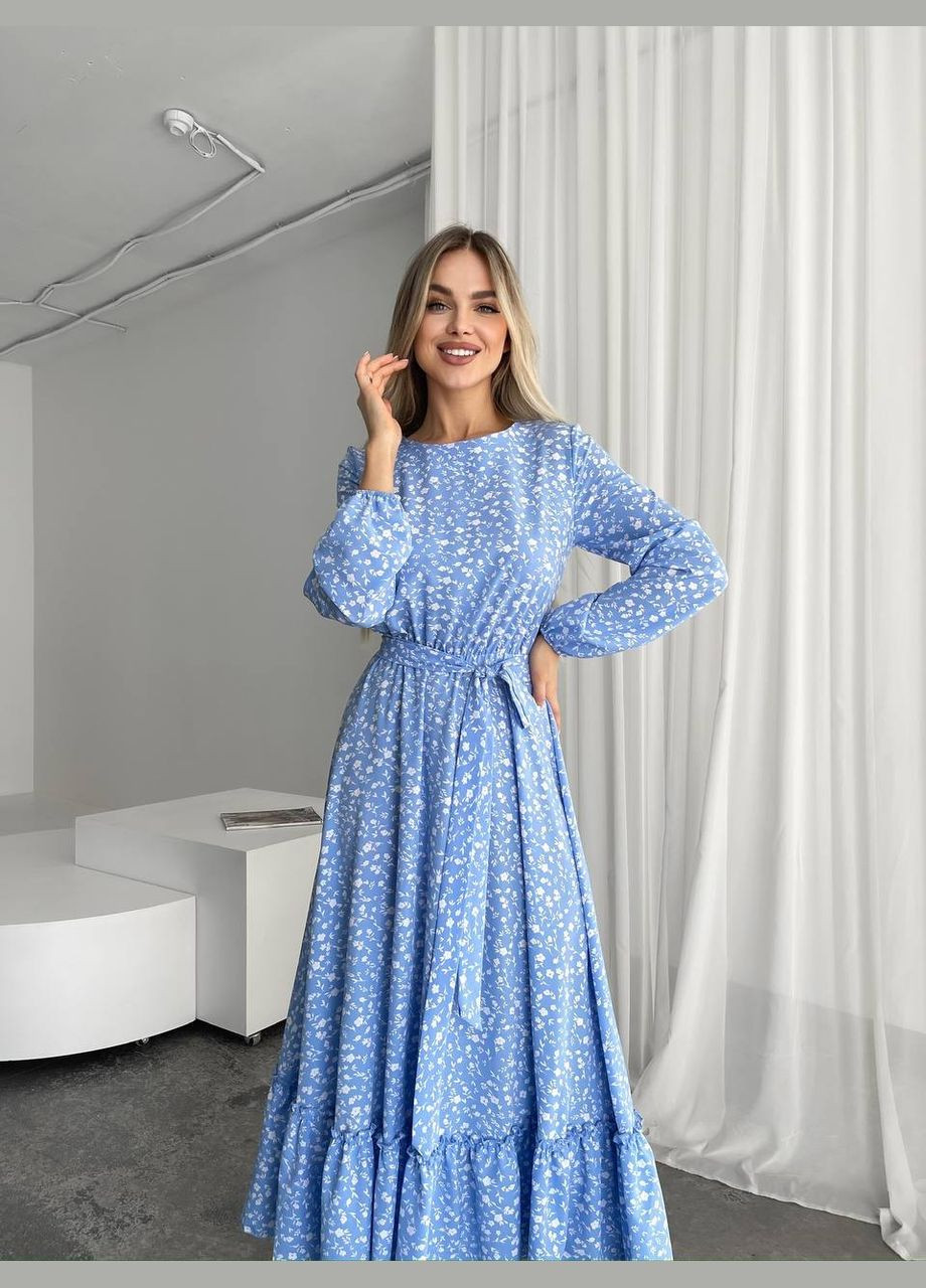 Голубое кэжуал женское легкое платье миди клеш Україна с цветочным принтом