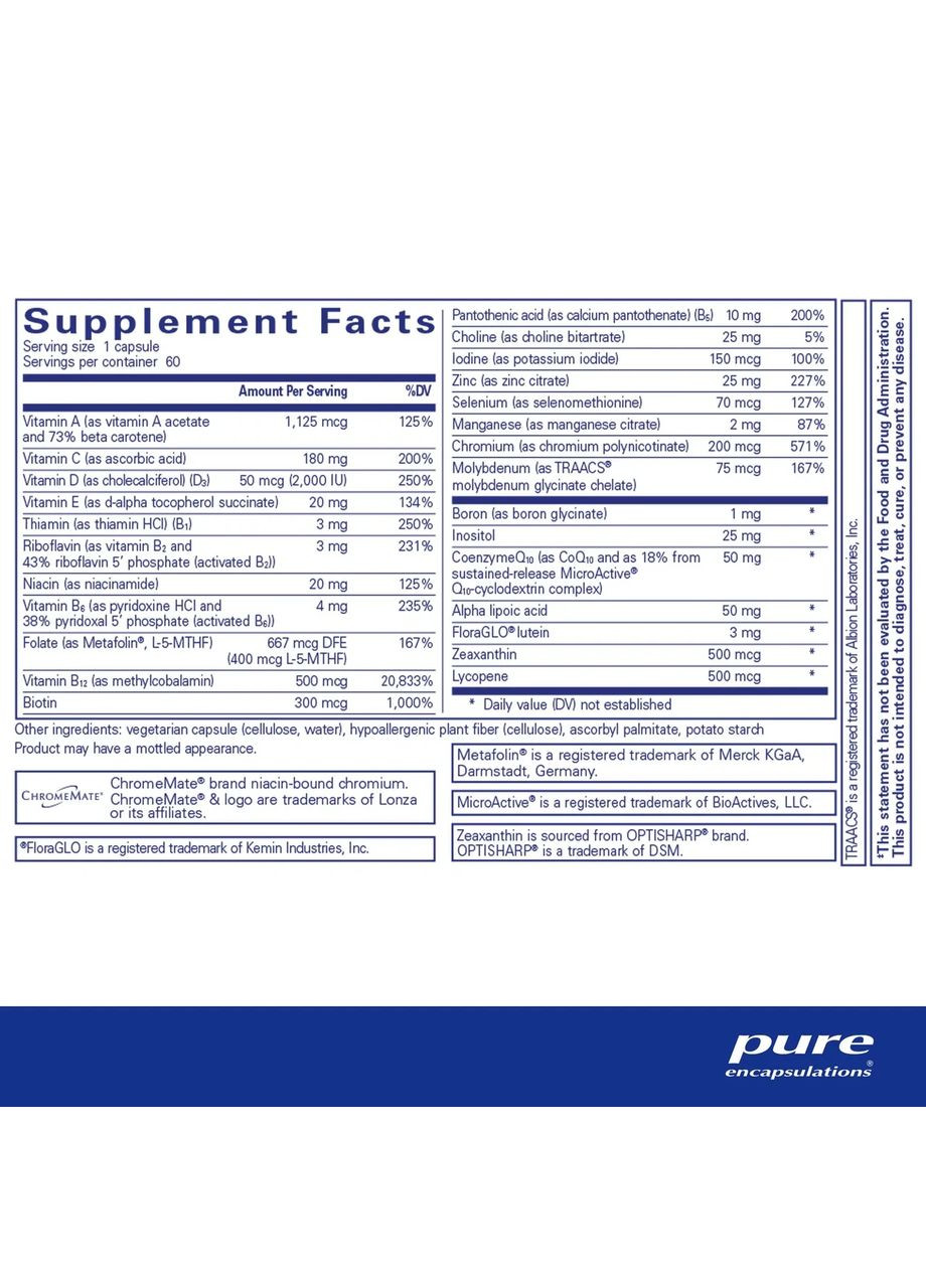 Мультивітаміни та мінерали (O.N.E Multivitamin) 1 на день 60 капсул Pure Encapsulations (361115426)