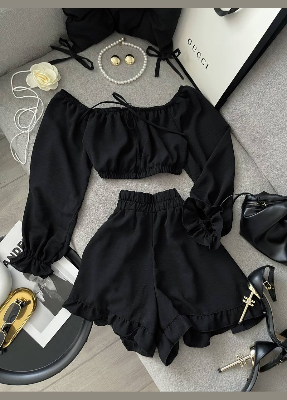 Женский летний костюм кроп-топ + шорты с воланами. MonCher (342071413)