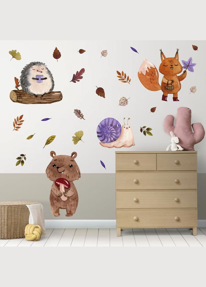 Вінілова інтер'єрна на стіну, шпалери та інші поверхні "Лісові звірі. Листя" з Кавун наклейка (316189496)
