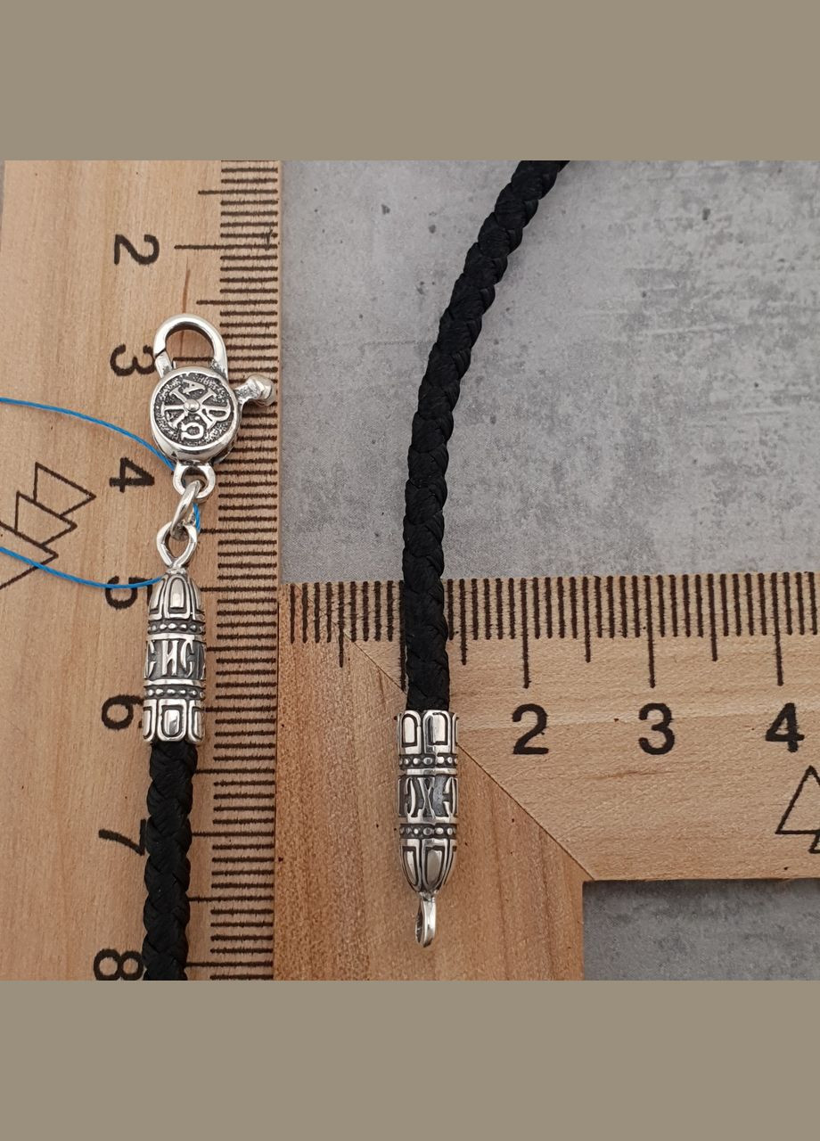 Шелковый шнурок на шею с серебряными вставками с серебряным замком. диаметр 3 мм. Мужская цепочка из шелка ZLATO (277979718)