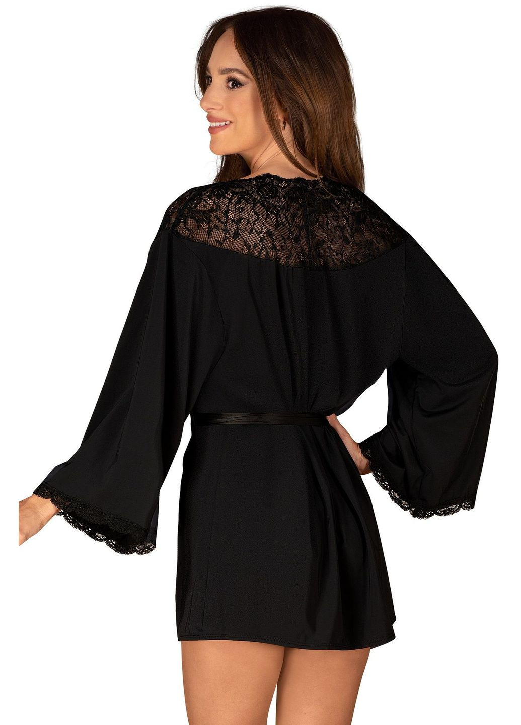 Чорний демісезонний халат сатиновий з широкими рукавами bellastia peignoir Obsessive