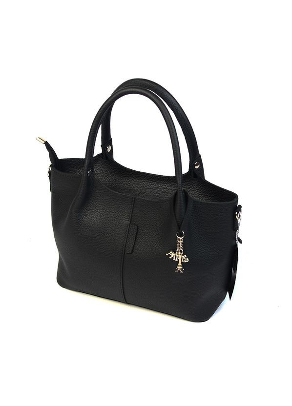 Черная кожаная женская сумка саквояж с ручками и длинным ремешком через плечо Serebro (315323215)