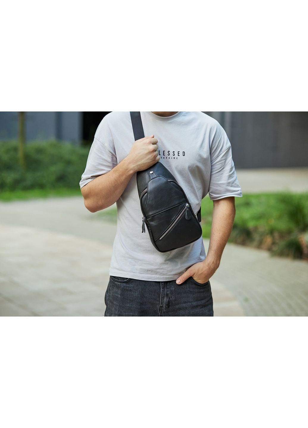 Мужская сумка-слинг кожаная черная 7579 Tiding Bag (336551867)